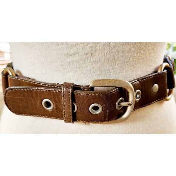 Vintage Ann Taylor Loft Brown Leather Belt XS Studded Western Distressed Rugged - Picture 2 of 8